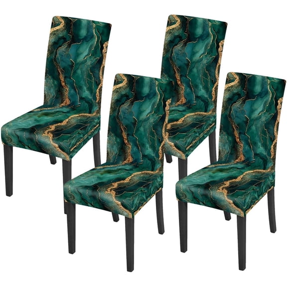 Green and Gold Marble Chair Covers for Dining Room Kitchen Set of 4 – Stretchable Elegant Dining Chair Slipcovers, Washable, Luxury Home Décor for Chairs