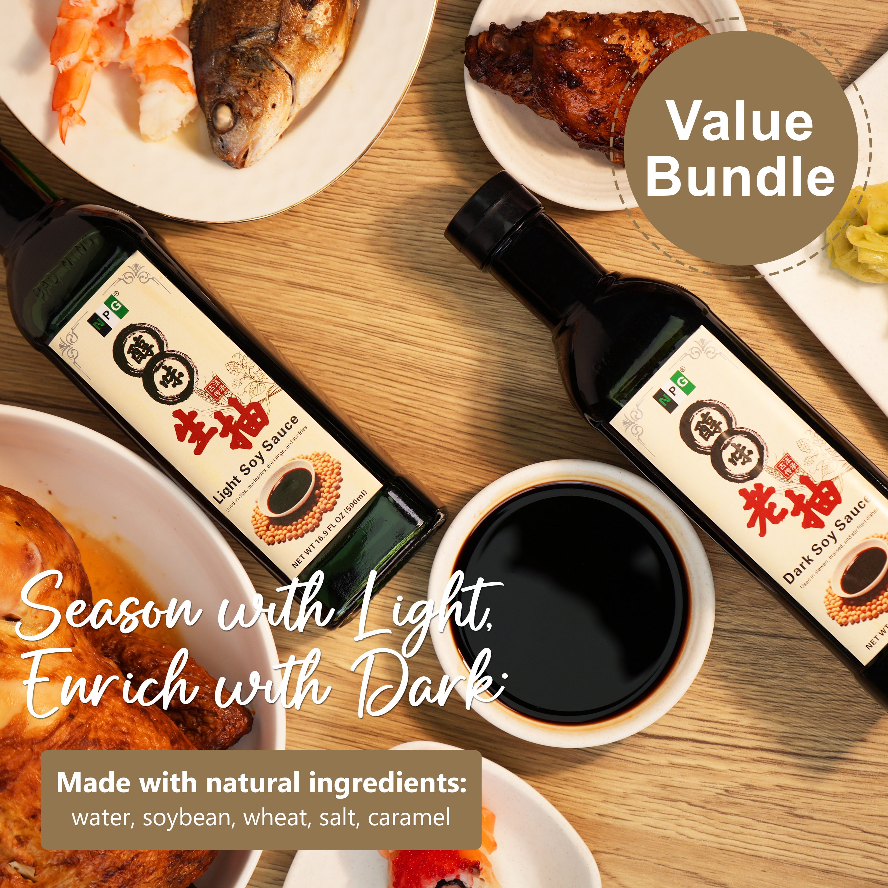 NPG Light & Dark Soy Sauce Set 16.9 fl oz (Pack of 2), Dipping Sauce for Dumplings, Fish, Noodles, Marinades, Stir Fry, Vegan