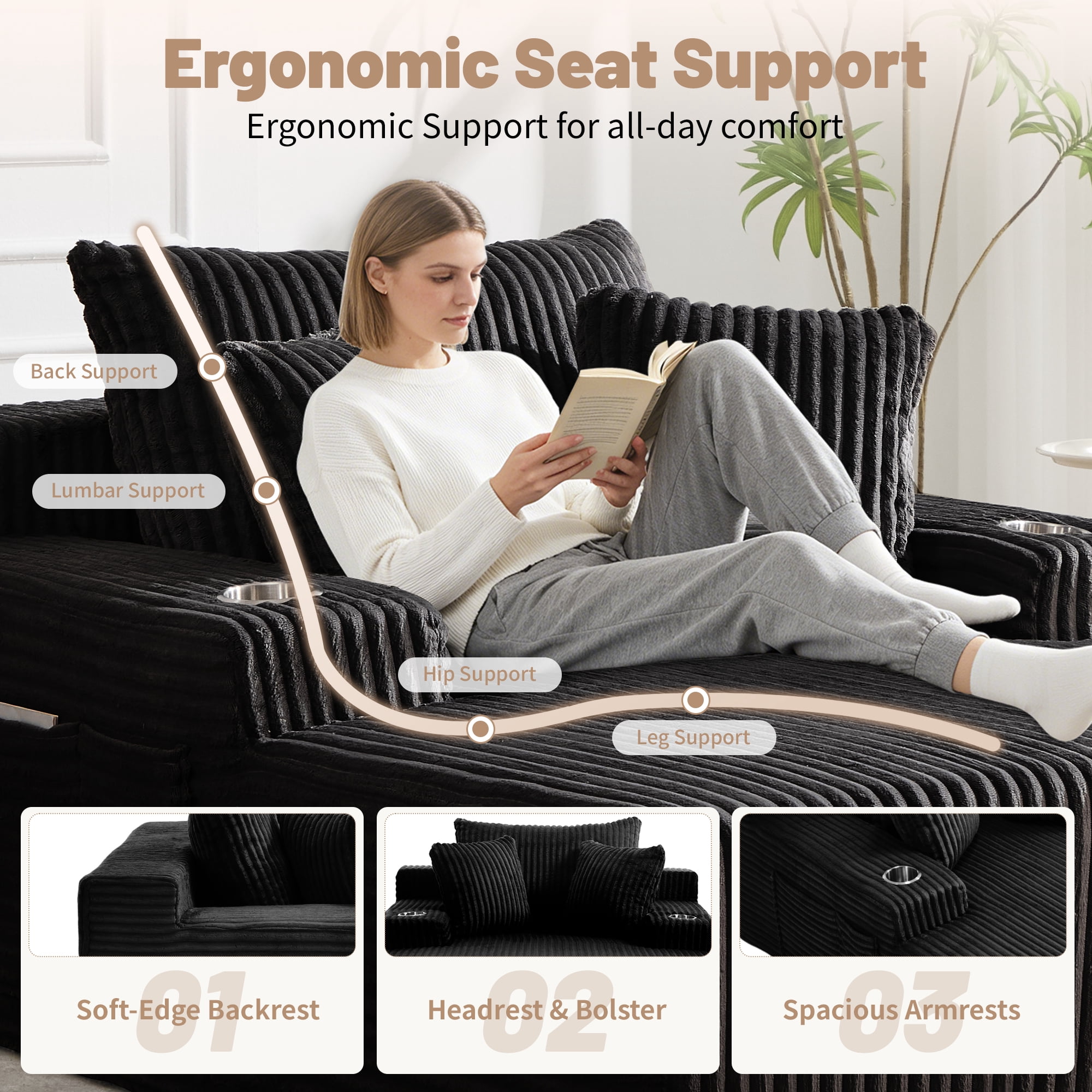 66" Chaise Lounge Chair Indoor, Oversized Corduroy Upholstered Boneless Sofa with USB & Type C, Deep Seat Sleeper Couch Reading Chairs with Pillows, Pre-assembled Corduroy Sofas Couches Living Room