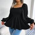 thumbnail image 5 of Women'S Long Sleeve Square Neck Lantern Shirred Ruffle Hem Smocked Peplum Babydoll Blouse Shirt Top Black S, 5 of 7