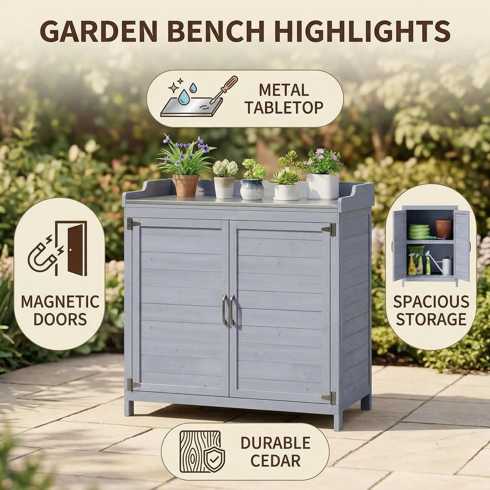 Lofka Outdoor Wooden Storage Cabinet with Potting Bench, Gray, Weatherproof Garden Work Station, Patio Tool Shed for Backyard