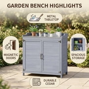 Lofka Outdoor Wooden Storage Cabinet with Potting Bench, Gray, Weatherproof Garden Work Station, Patio Tool Shed for Backyard