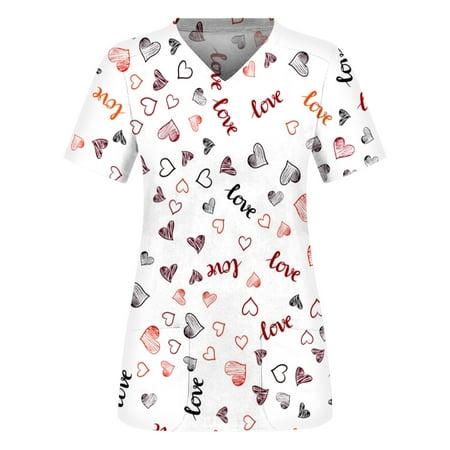 

Ozmmyan Womens Tops Scrubs for Women Short Sleeve V-neck Scrubs Tops Working Uniform Printed with Two Pockets Blouse Nursing Uniform Saving Clearance