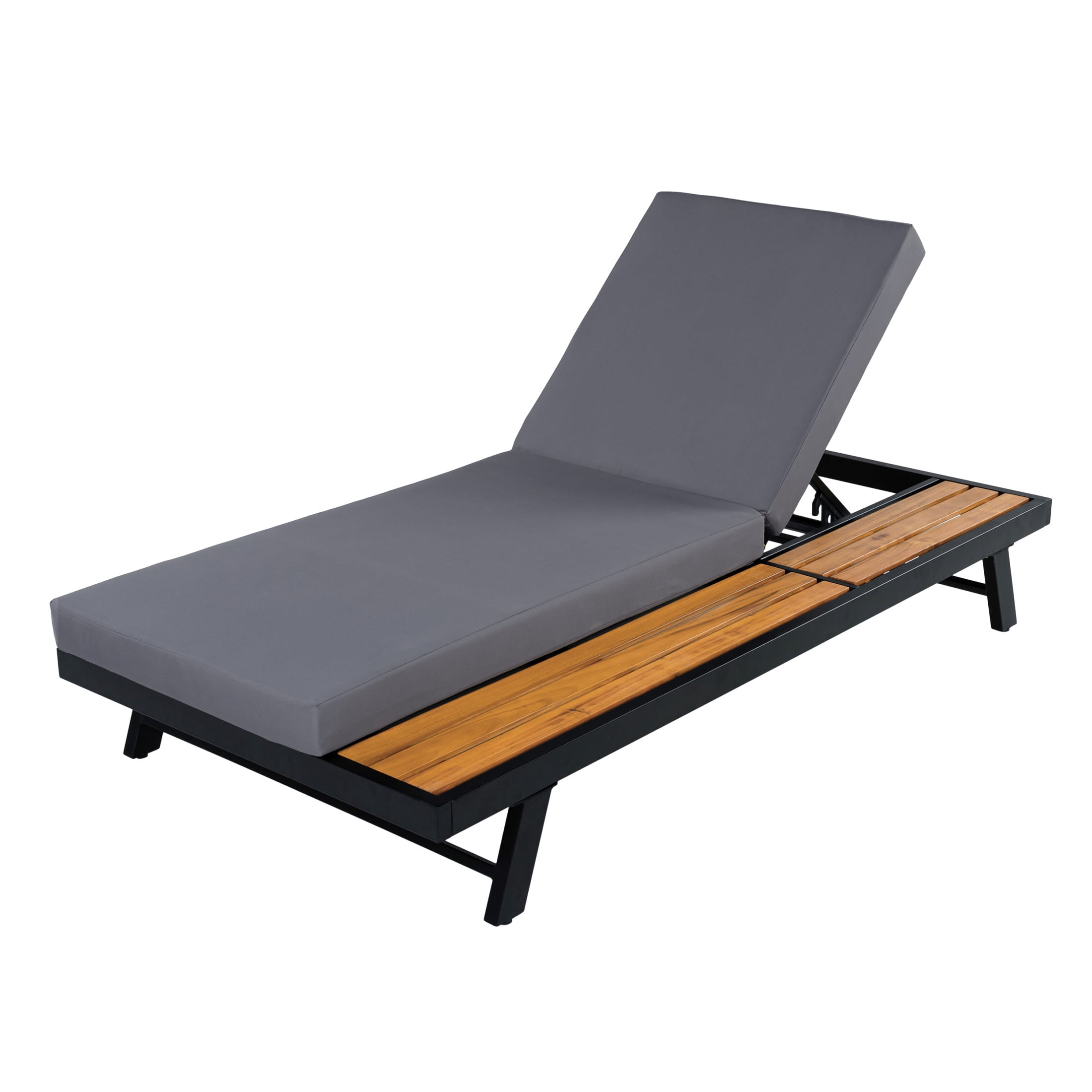 Christopher Knight Home Outdoor Chaise Lounge with Cushion, Iron Frame and Wooden Side Shelf, Black+Dark Gray