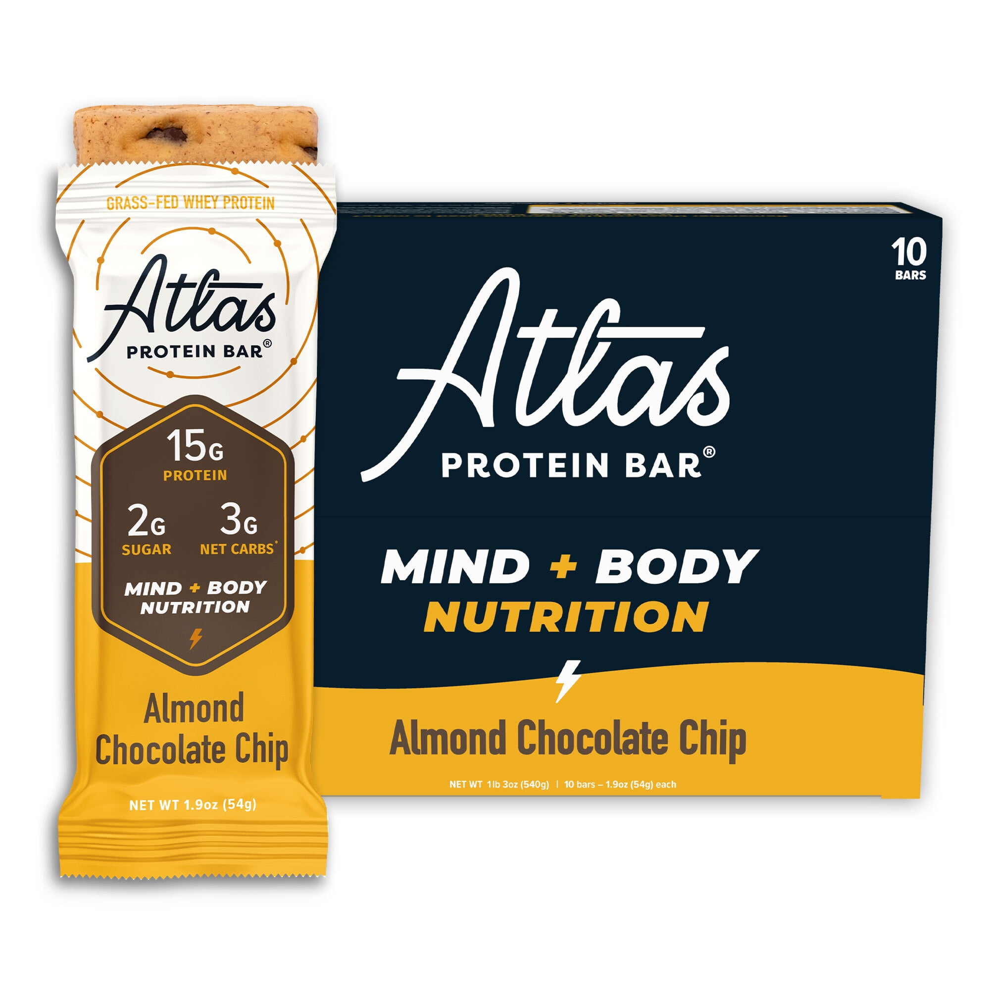 Atlas Mind + Body Protein Bar, Low Carb & Keto, 15g Protein, 1g Sugar, Almond Chocolate Chip, 10 Count