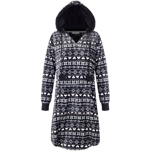 SofiePJ, Women's, Long Sleeve Fleece Printed Pull Over Hooded Sleepshirt with Pom poms, Black White, S