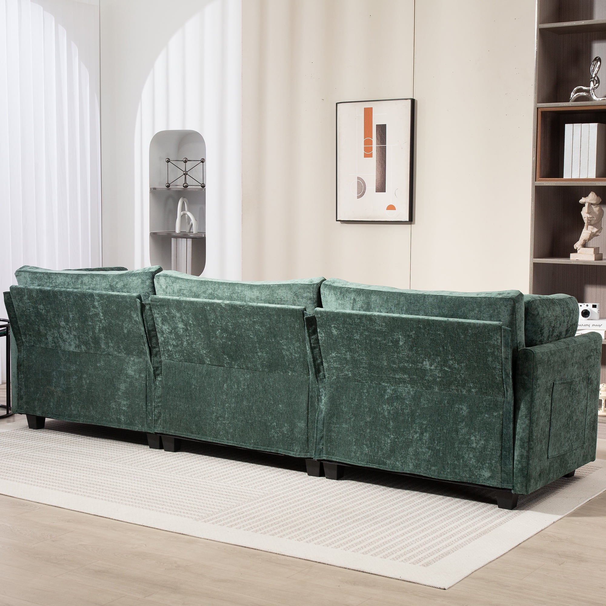 111.42*32.28 inches Comfortable three-seater chenille fabric sofa, soft to sit on, with super soft cushions and side pockets, suitable for living room, apartment. Three-seater deep sofa,Dark Green