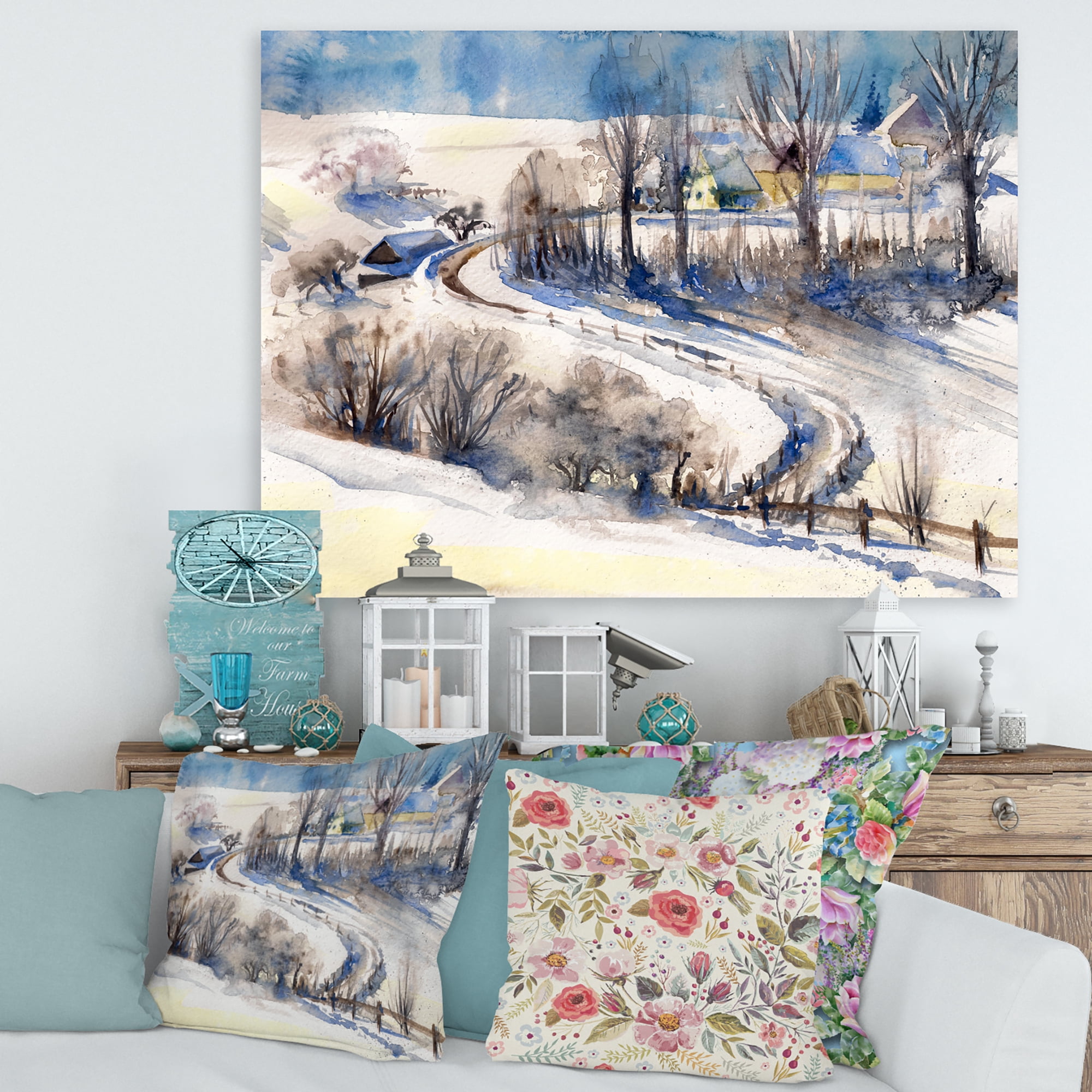 Country Road In Winter Times Landscape I 12 in x 8 in Painting Canvas Art Print, by Designart