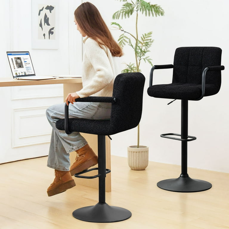 Furniliving Adjustable Height Swivel Bar Stools with Armrest and Footrest Low Back Sherpa Fabric Kitchen Counter Bar Stools Set of 2