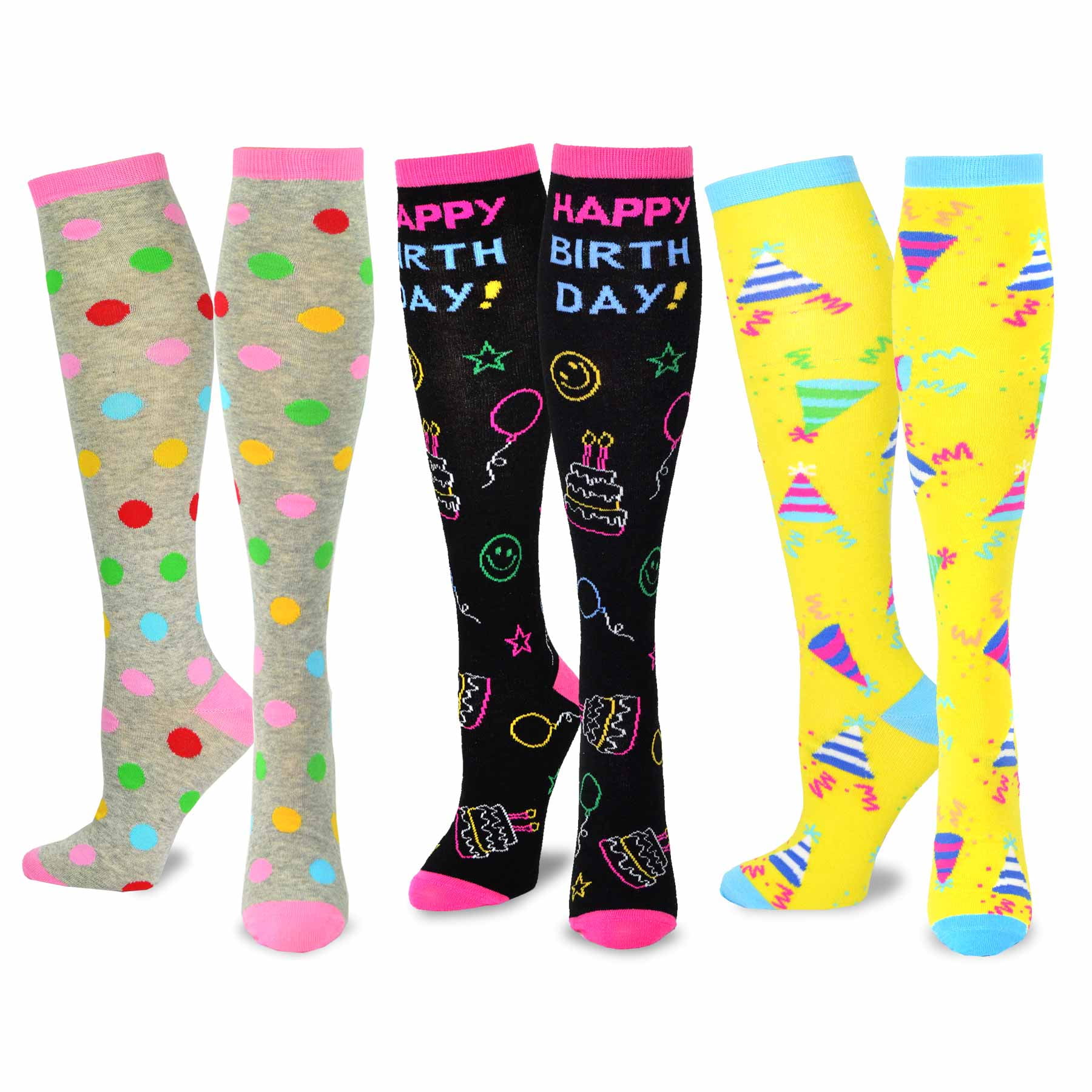 Teehee Women's Fun Novelty Knee High Socks 3Pack (Birthday Cake