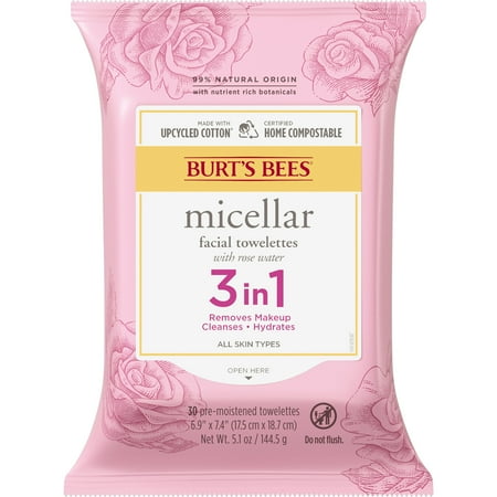 Burt's Bees Facial Cleansing Towelettes Micellar Rose Makeup Removing - Unscented - 30ct