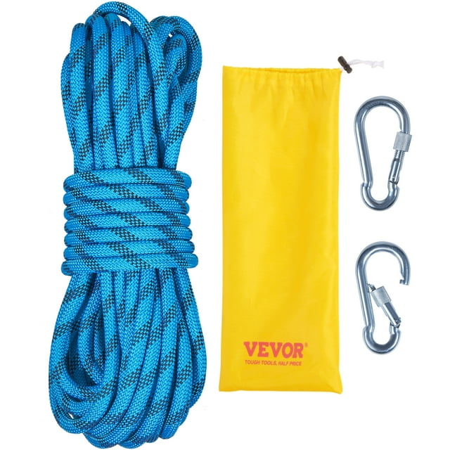 VEVOR Corde d'Escalade Statique, Corde d'Escalade Extérieure de 32 Pieds avec Tension de Rupture de 26KN, Corde d'Évasion avec 2 Mousquetons et Sac de Rangement