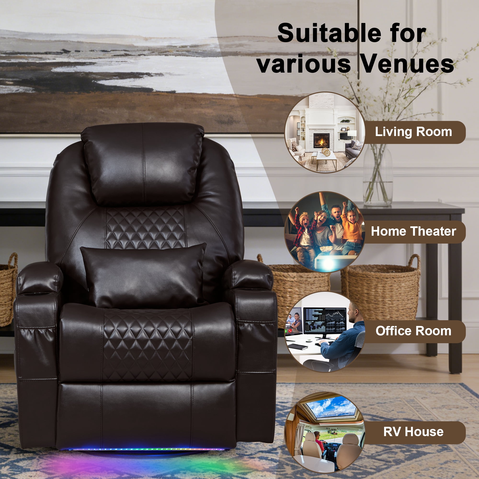 Dual Motor Power Swivel Rocker Recliner Chair for Adults with Heat and Massage, Electric Wall Hugger Rocking Recliner for Nursery Living Room with LED Lights, USB A&C Ports