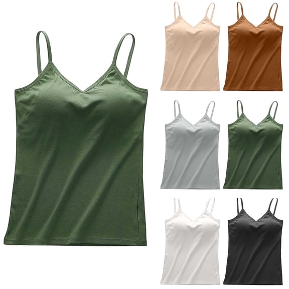 UVEASISHA Women's Camisoles Tops with Built In Bra Cotton Blend V Neck Tank Tops Soft Comfy Spaghetti Straps Undershirts Solid Color Basic T Shirts White XL