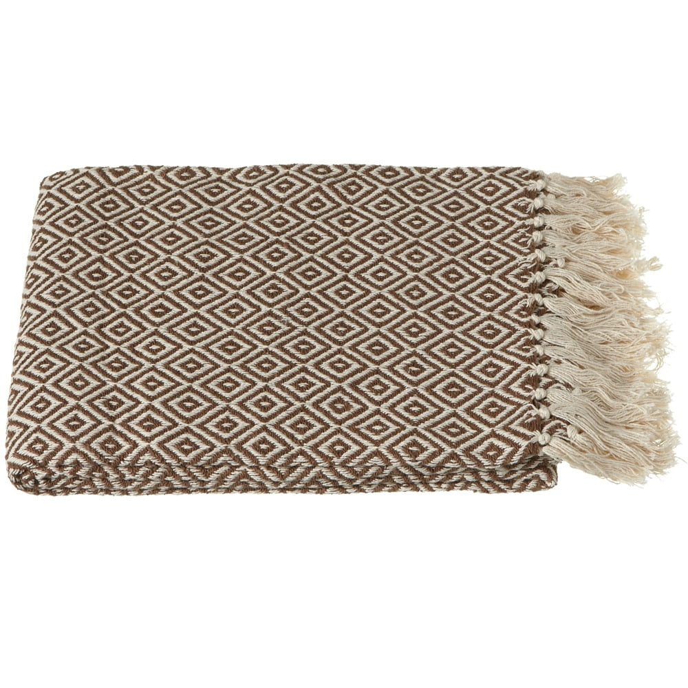 Set of 2 Brown and Cream White Cotton Diamond Fringed Throw Blankets 50