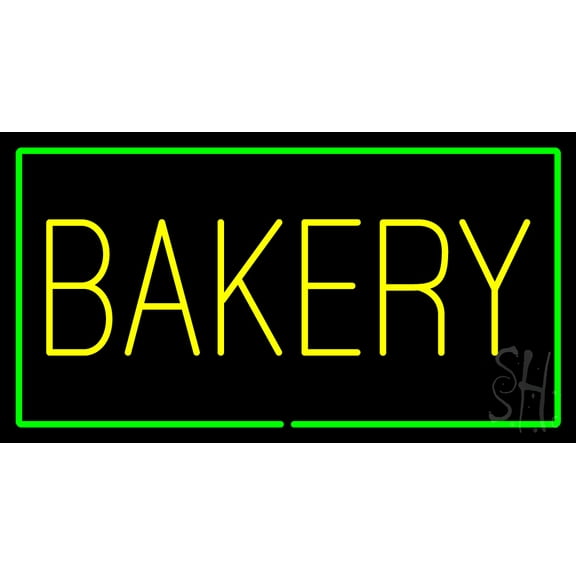 Yellow Bakery Rectangle Green LED Neon Sign 20 x 37 - inches, Black Square Cut Acrylic Backing, with Dimmer - Bright and Premium built indoor LED Neon Sign for restaurant window and interior decor.