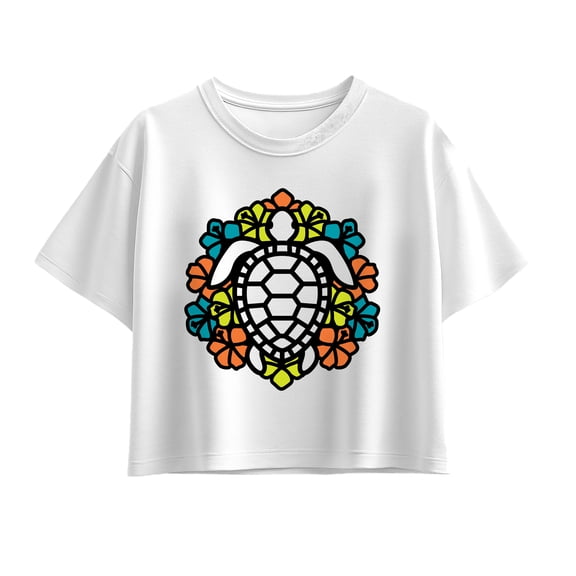 Instant Message - Tropical Flowers and Turtle - Youth Girls Boxy T-Shirt
