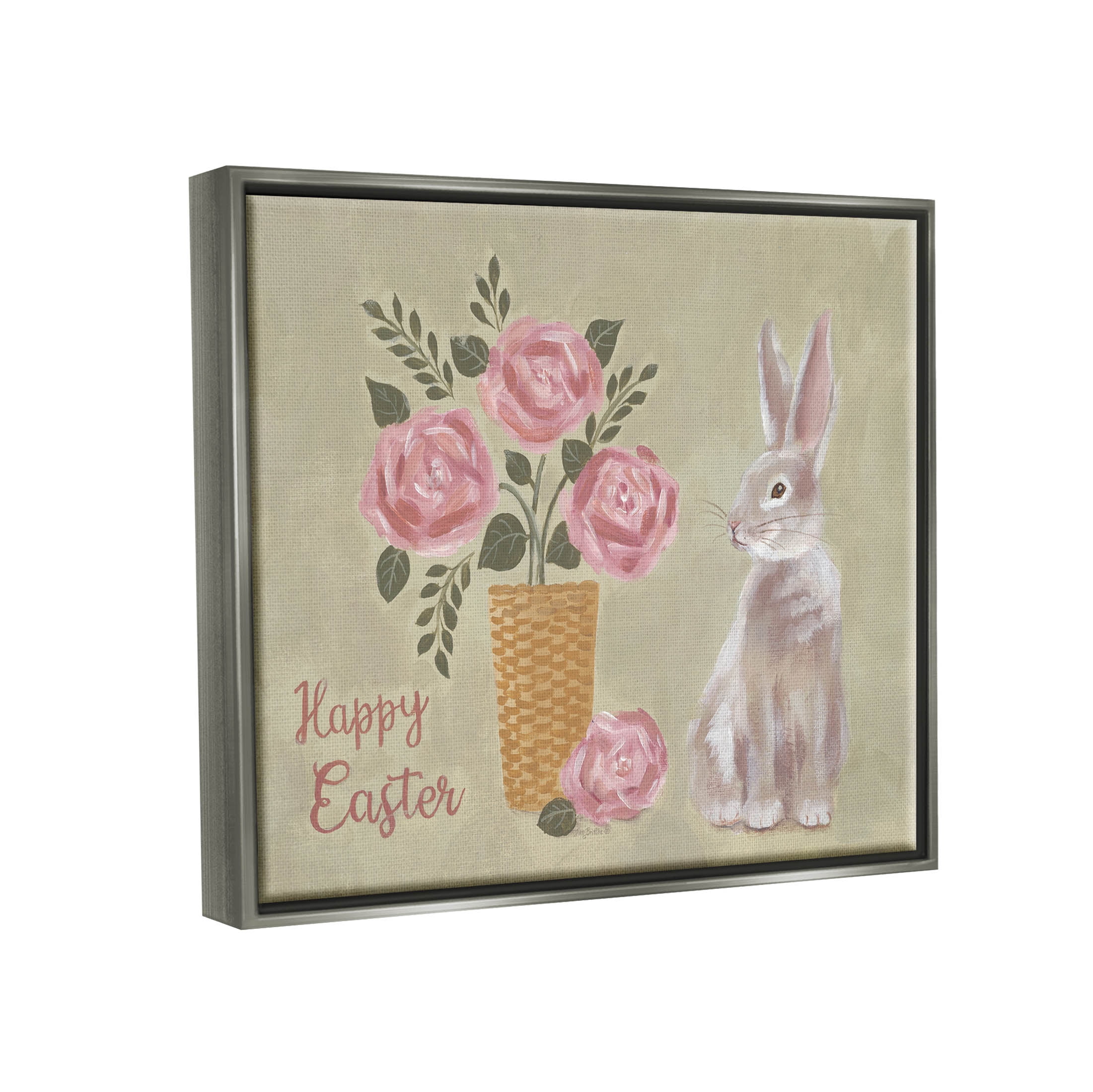 Stupell Industries Happy Easter Bunny Rose Bouquet Graphic Art Luster Gray Floating Framed Canvas Print Wall Art, Design by Pam Britton