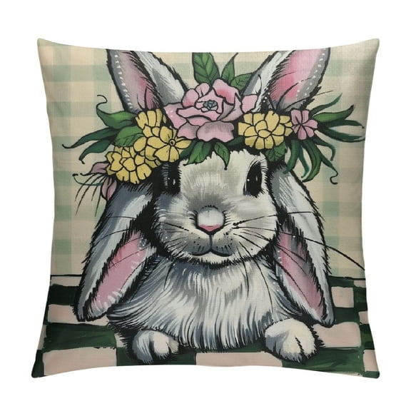 Qinduosi Easter Bunny Pillow Covers of Cute Flowers Green Stripes Checked Decorative Throw Pillows Spring Holiday Pillow Cases Farmhouse Home Decor for Sofa Couch Porch White