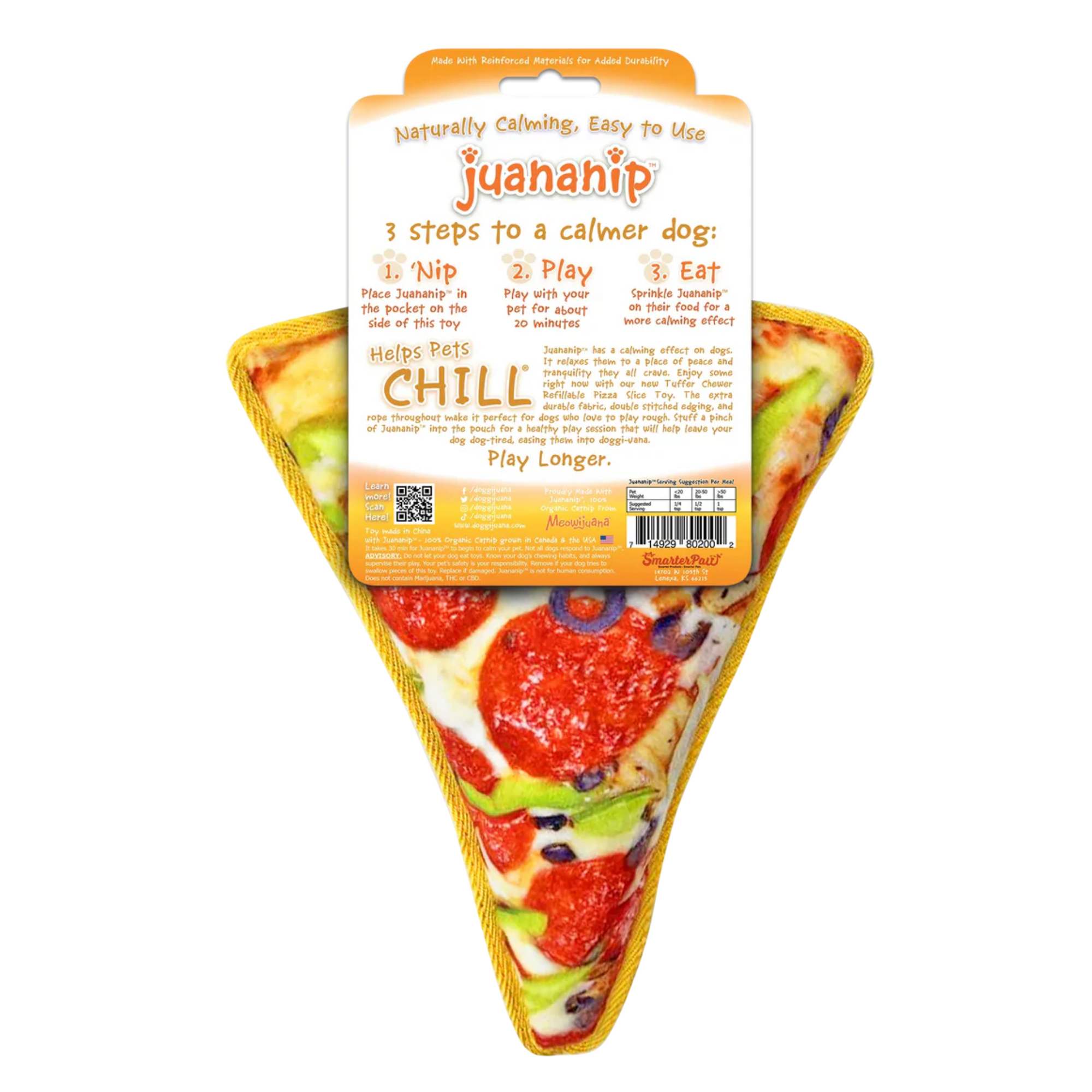 Doggijuana Tuffer Chewer Plush Dog Toy with Juananip Catnip, Squeaky Refillable Toy, Supreme Pizza