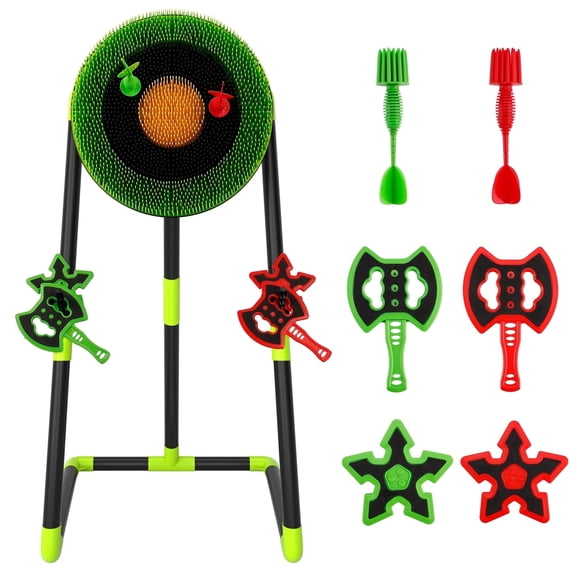 3-in-1 Axe Throwing Game for Kids & Adults, Bristle Dart Board with Stand, Throwing Axes, Soft Tip Darts & Ninja Stars, Indoor Outdoor Backyard Games, Camping & Family Party Fun