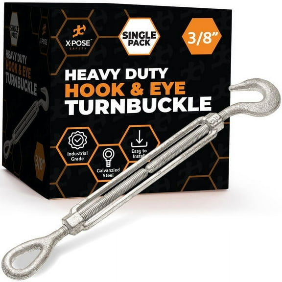 Xpose Safety 3/8" Hook and Eye Turnbuckle - Heavy Duty Galvanized Steel Turn Buckles - Turn Buckle Tensioner for Cables, Tension Wire, Rope, Shade - Adjustable Turnbuckle Hook and Eye 1 Pack
