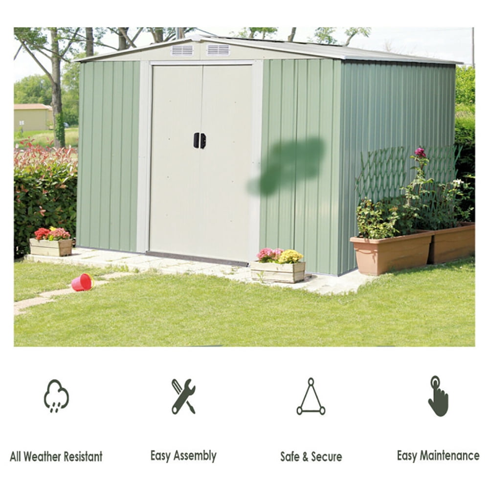 Spaco 8x8 Feet Outdoor Garden Galvanized Steel Storage Shed with Sliding Door-Light Green, Tools Bike Accessories, Beach Chairs and Push