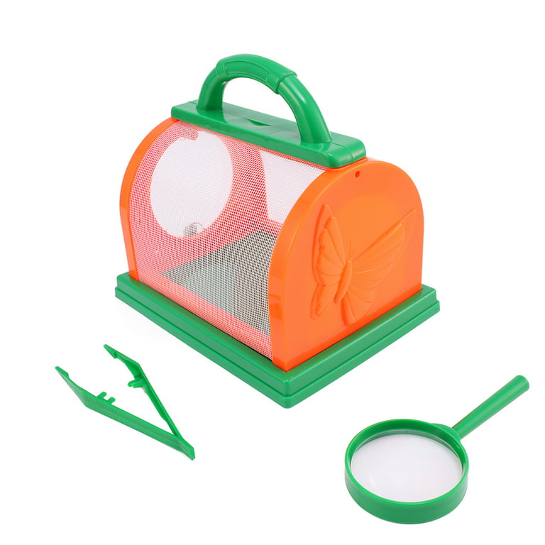 1 Set Children Plastic Bug Insect Cage Handle Colorful Nets Insect Holder  Mesh Frame Insects Bugs Conatiner with Tweezers and Magnifier for Boys  Girls (Orange Green) 