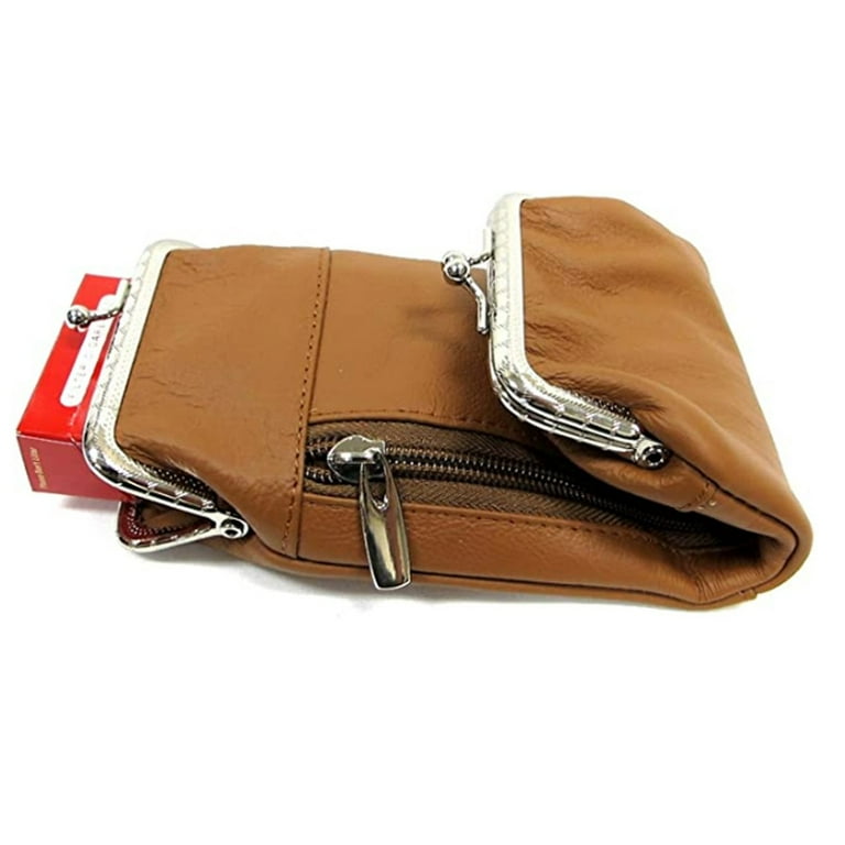 Women Leather Wallet RFID Blocking Zipper Pocket Bifold Coin Purse and Kiss Lock Coffee