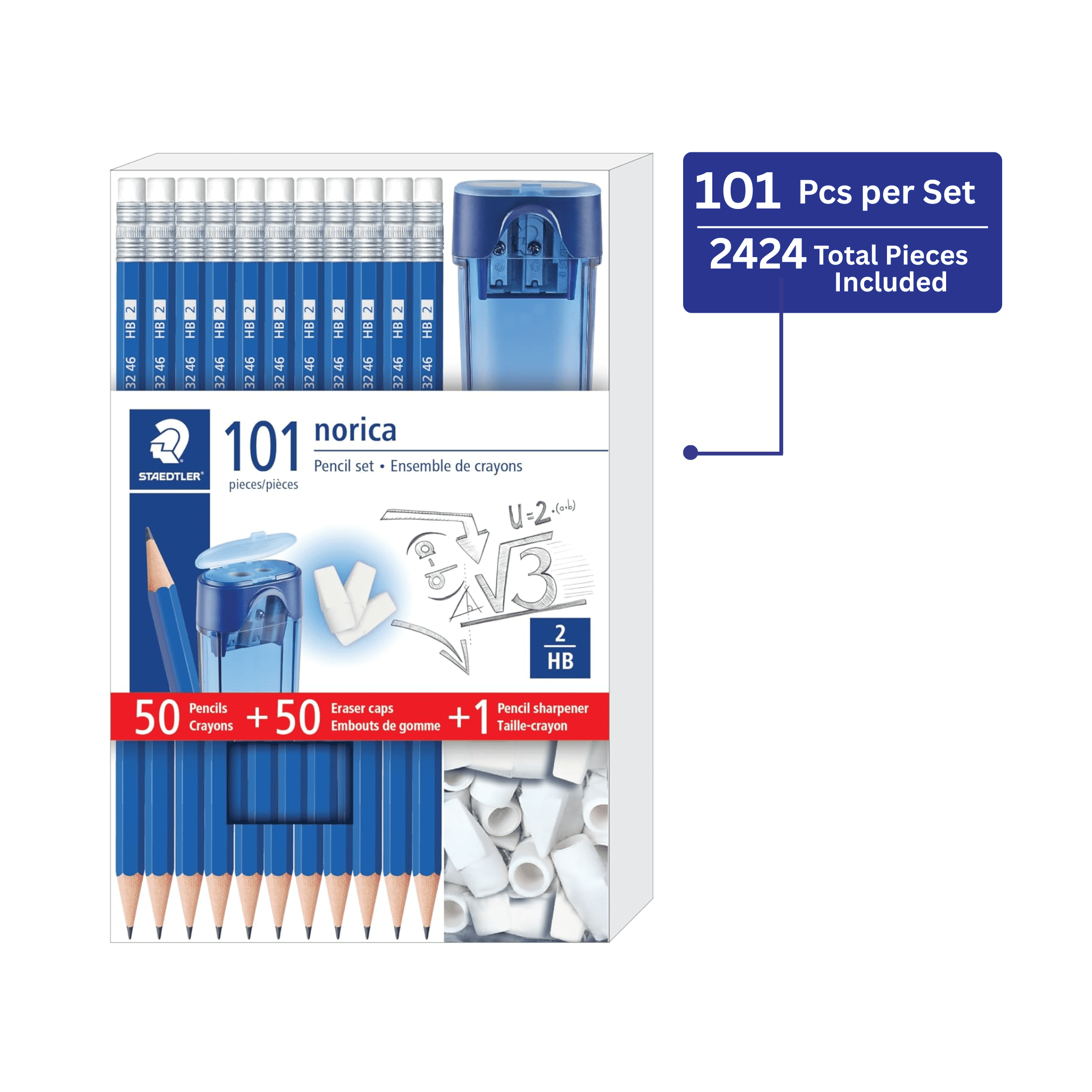 STAEDTLER Norica Pencil Set 24 Pack (24 sets of 101 pcs) - 50 Pre-sharpened #2 HB Pencils with 50 Eraser Caps & Double-Hole Sharpener, Break-Resistant Lead
