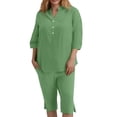 thumbnail image 3 of QIYAGBSA 2 Piece Sets for Women with 3/4 Sleeve Notched Neck Top and Bermuda Shorts Relaxed Fit Summer Vacation Outfit (Green XL), 3 of 4