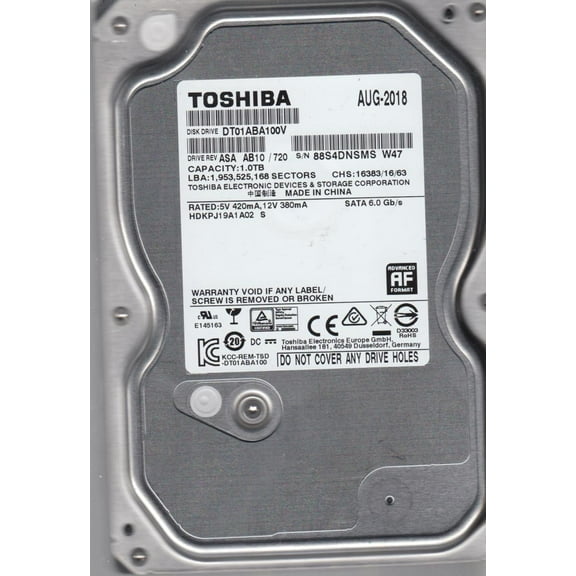 DT01ABA100V, AB10/720, HDKPJ19A1A02 S, Toshiba 1TB SATA 3.5 Hard Drive