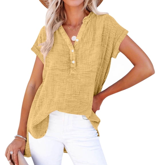 Wensltd Women's Summer Blouse V Neck Solid Color Button Front Short Sleeve Trendy Top Loose Fit Tunic Tops Yellow S