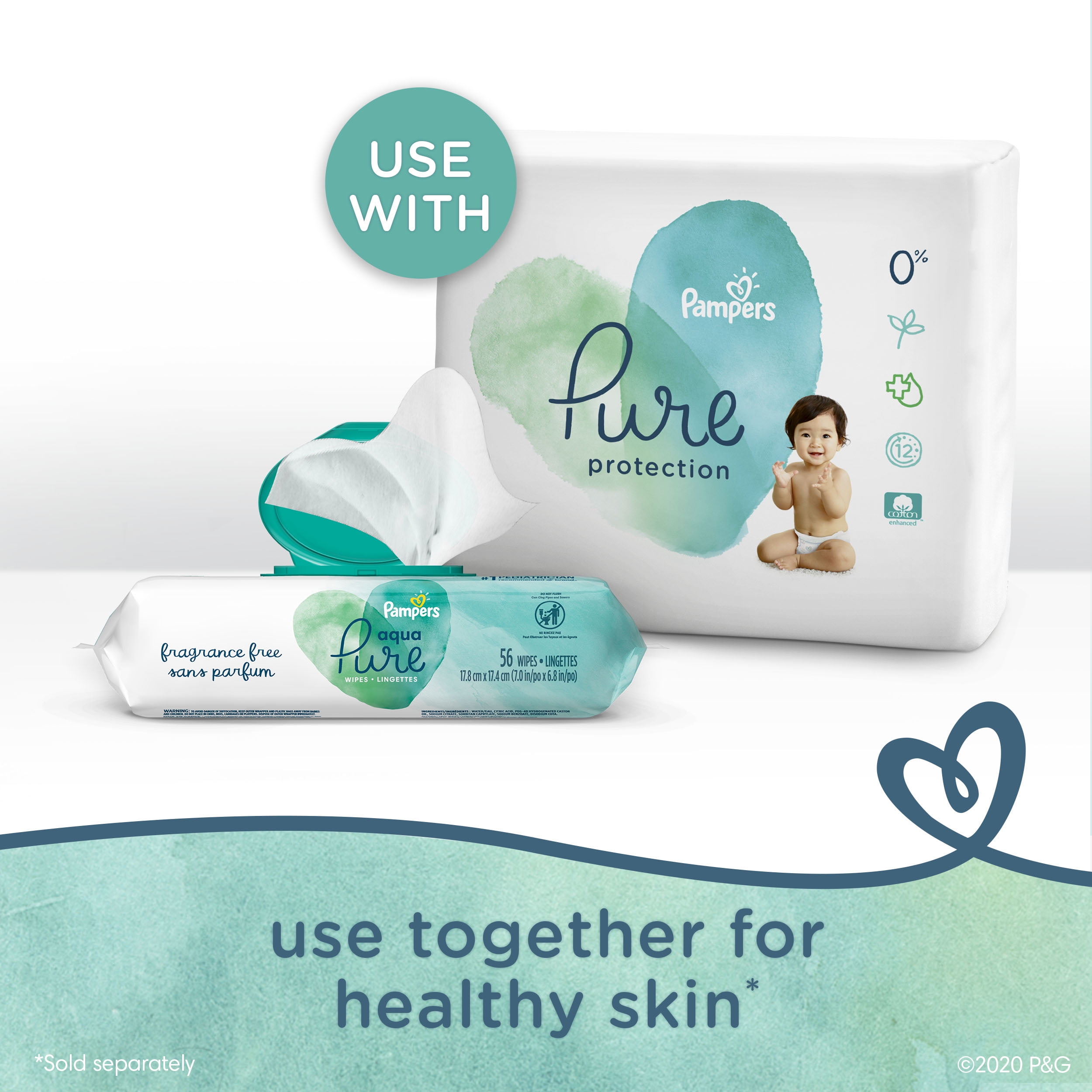 Pampers Aqua Pure Toallitas húmedas para bebés, piel sensible,  hipoalergénicas y sin perfume, 10 paquetes con tapa, 560 unidades