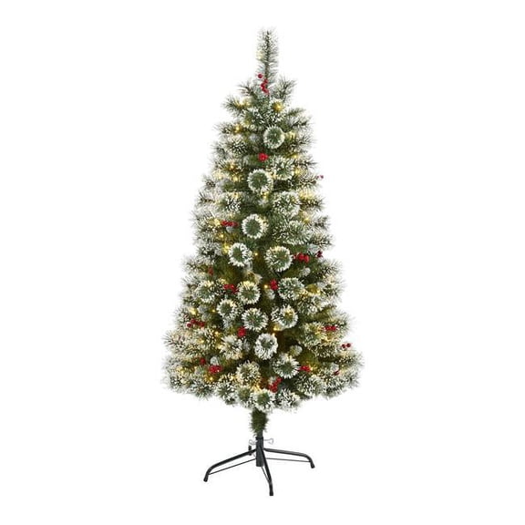 5 ft. Frosted Swiss Pine Artificial Christmas Tree with 200 Clear LED Lights & Berries