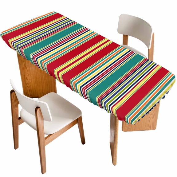 Colorful Striped Table Cloths for 8 Foot Rectangle Tables, Boho Rainbow Abstract Vertical Lines Patio Waterproof Elastic Fitted Tablecloths, Washable Rectangular Table Cover for Camping