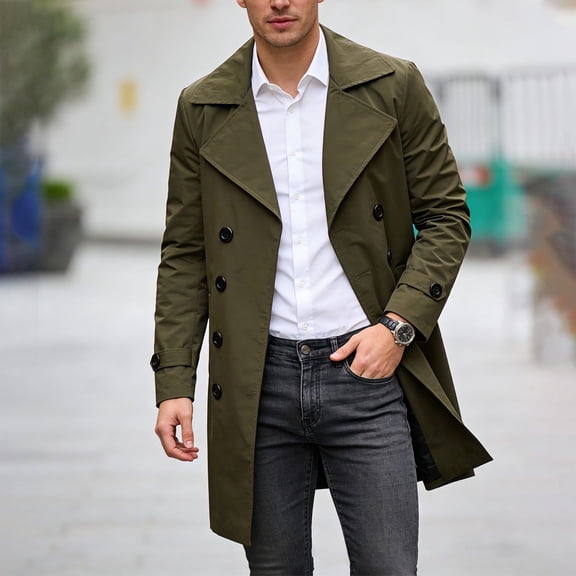 LYSMORA 2026 Men's Double Breasted Mid Length Trench Coat, Adjustable Strap Cuff Slip Pockets Loose Fit Casual Travel Outerwear