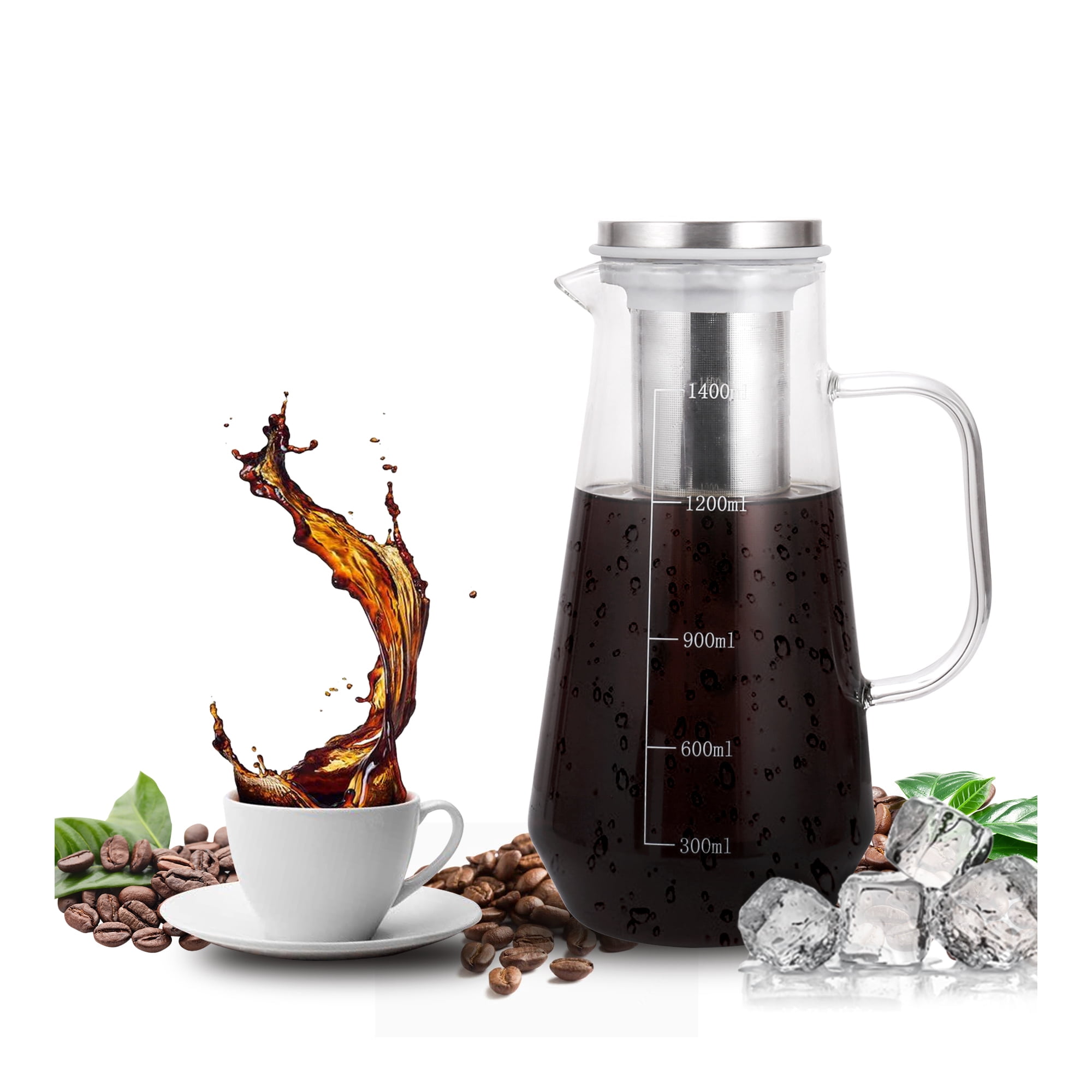 VEHIPA 47oz Cold Brew Maker Glass Coffee Pot Iced Tea Pot French Presses Coffee Kettle with Tea Top and Coffee Top