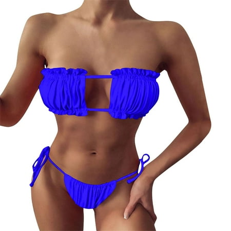JIANJIA Swim Suits for Women Summer Solid Color Sexy Strapless Pleated Hollowed Out Brassiere With Thongs Two Piece Bikinis Swimwears Beachwear Blue S