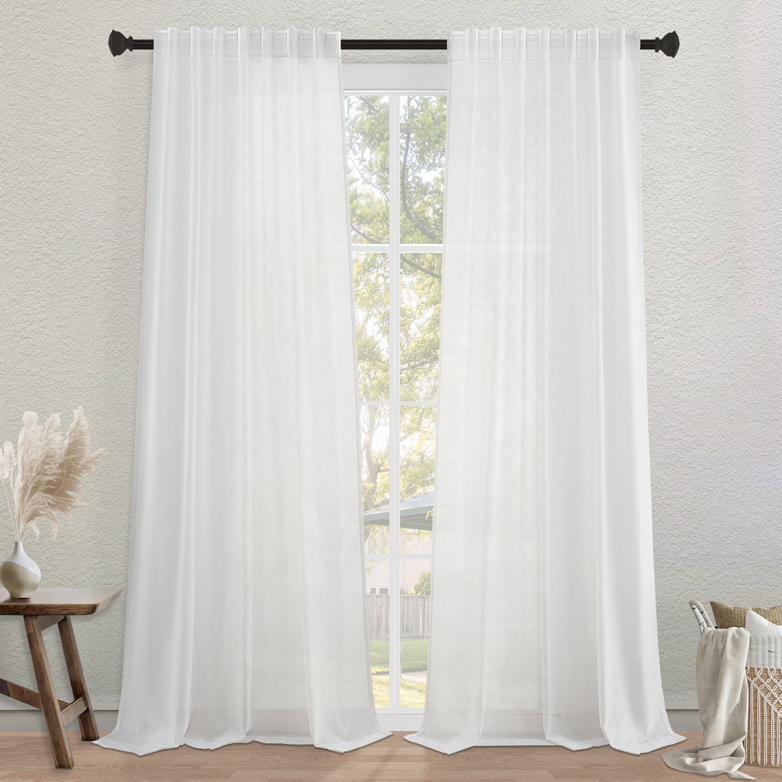Topfinel White Linen Curtains 96 Inches Long for Living Room,Back Tab Light Filtering Drape with  Hooks,Semi Sheer Lightweight Curtains for Bedroom,Set of 2