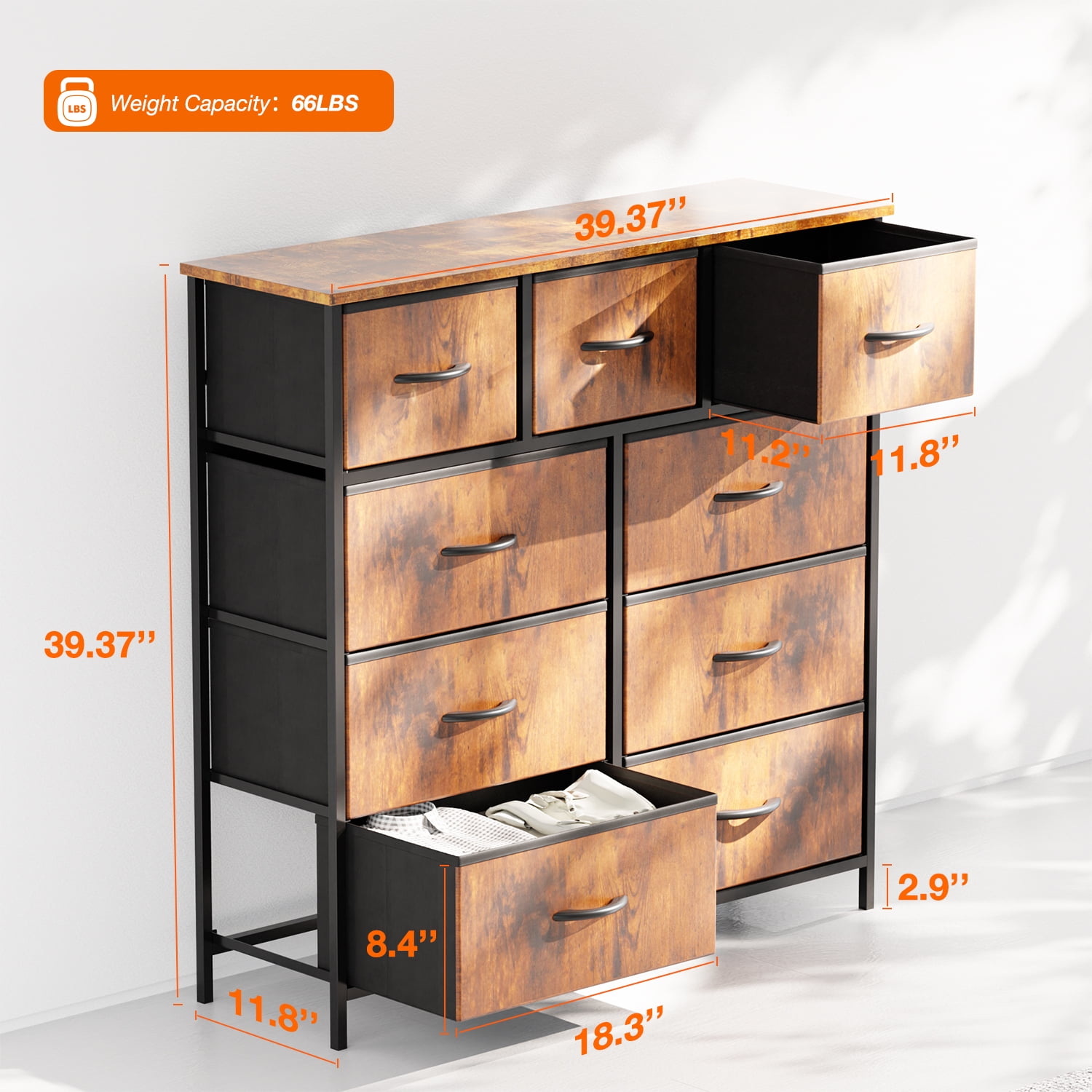 ZUNMOS 9 Drawer Fabric Dresser for Bedroom, Chest of Drawer Organizer Storage Cabinet for Closet, Entryway, Rust Brown