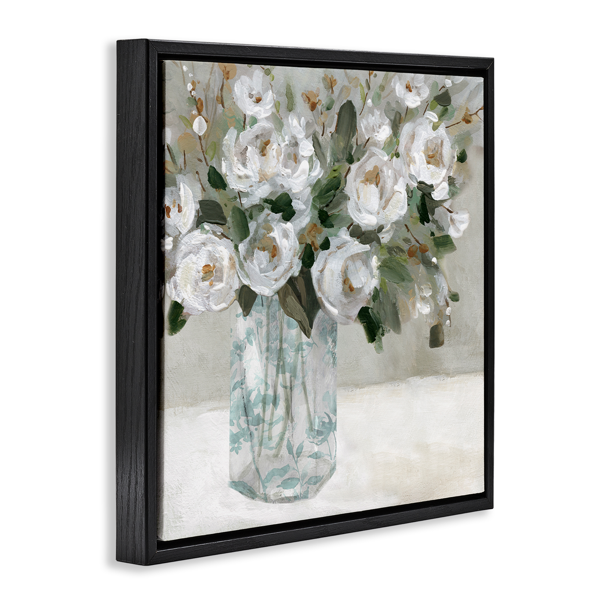 Stupell Industries Lovely White Roses Plants & Flowers Painting Black Floater Framed Canvas Art Print Wall Art, 18 x 18