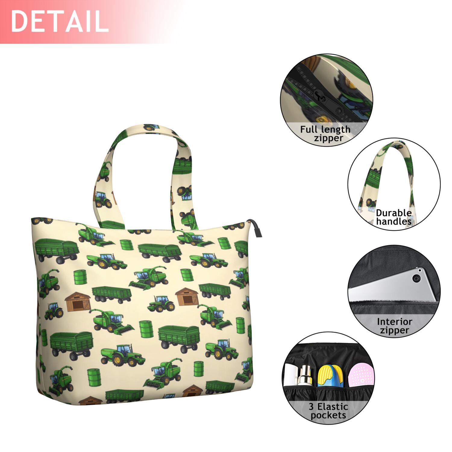 Cartoon Tractors Barns Beige Pattern Travel Tote Bags for Women Carry On,Large Weekender Bags for Women Travel,Multi Functional Duffle Bag for Work,Shopping,Sports