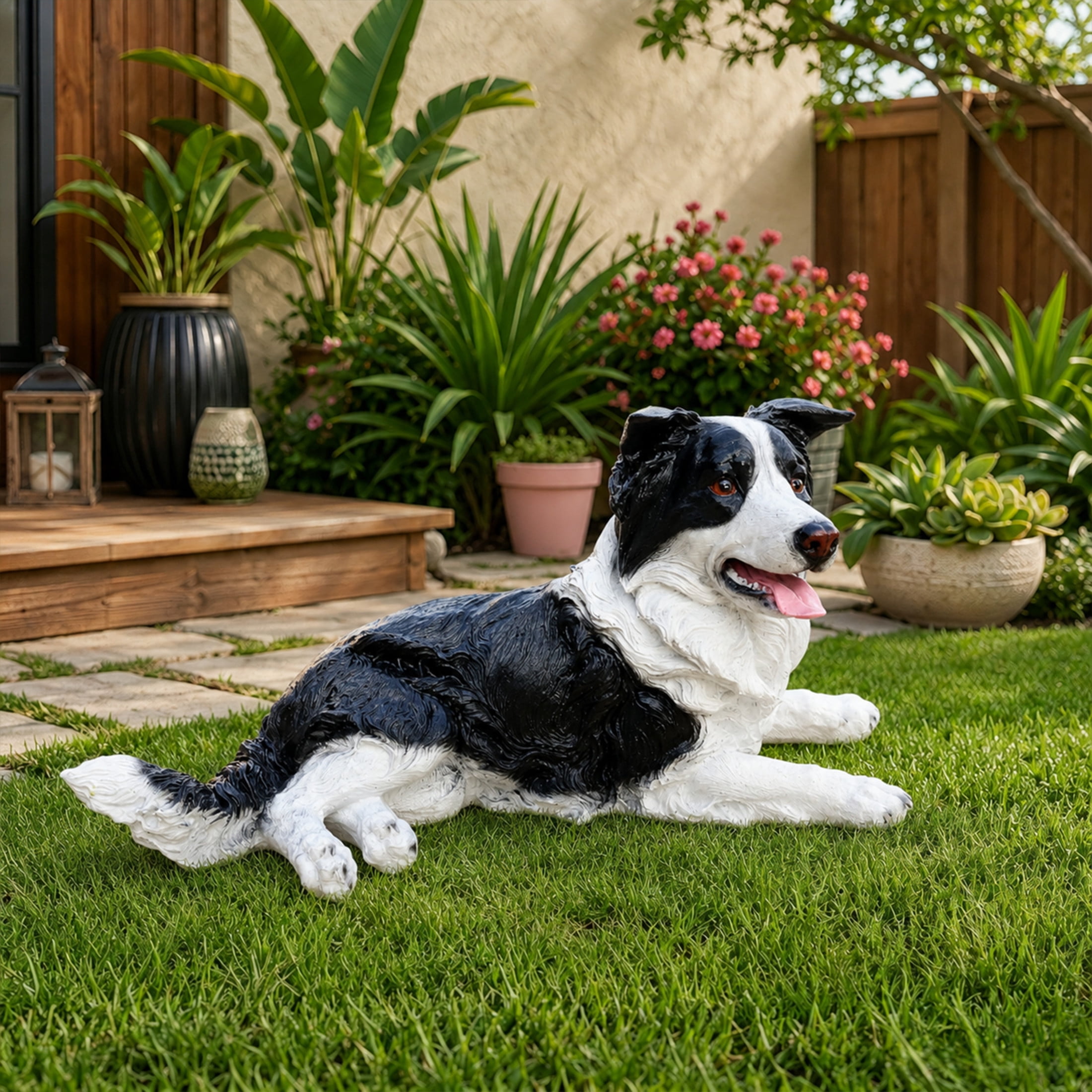 Noble House Lifelike Lying Border Collie Statue, Realistic Resin Animal Figurine for Outdoor Garden Decor, Black White