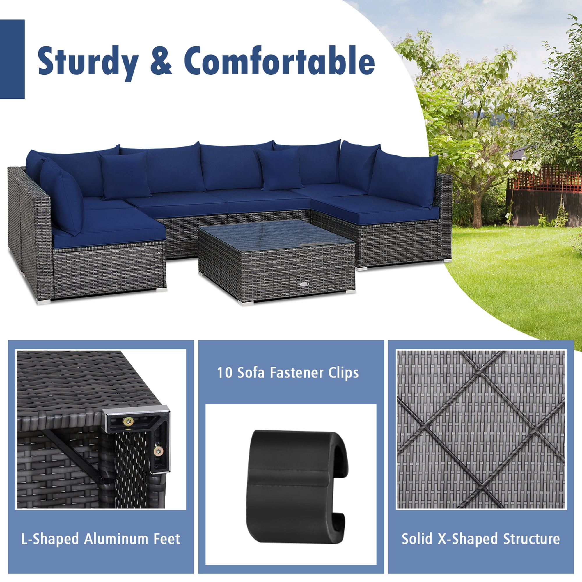 Gymax 7PCS Patio Rattan Sectional Sofa Set Outdoor Furniture Set w/ Navy Cushions