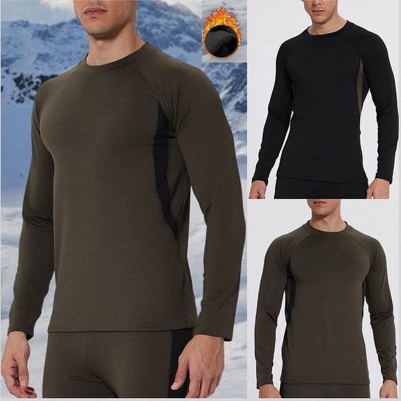 WAVSUF Men's Fleece Thermal Undershirt Round Neck Long Sleeve Skinny Fit Winter Daily Basic Top XL