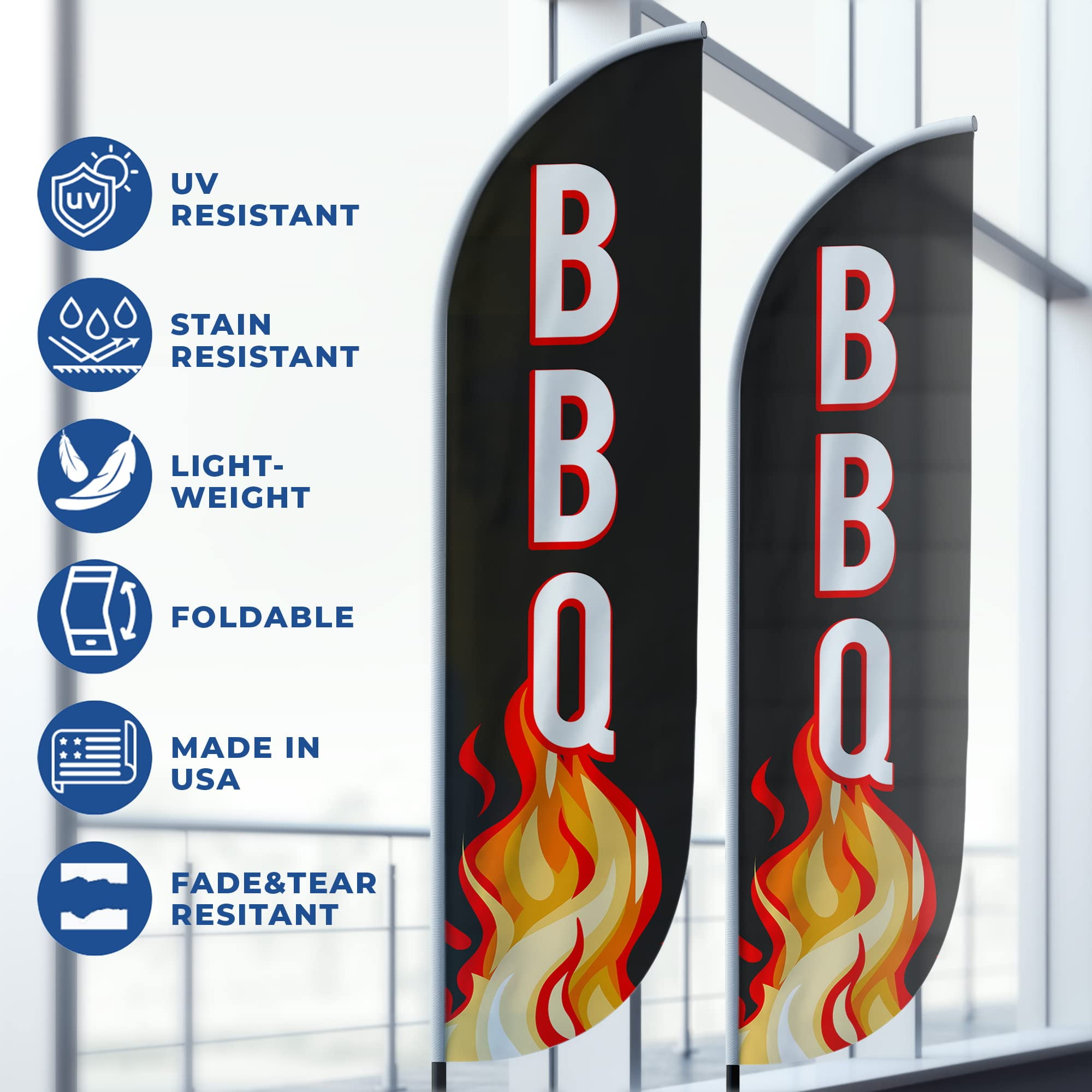 BBQ Feather Flag(11.5feetX2.5feet) by DreamController | Outdoor Business Advertising Tall Flag | Weather-Resistant Knitted Swooper Flag | Made in USA | HD Print (Flag Only)