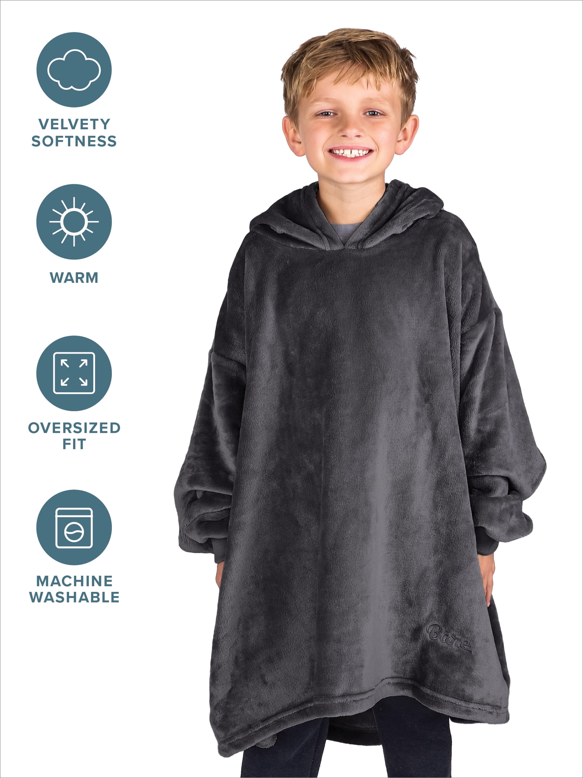 Bare Homey Kids Size Microplush Wearable Blanket - Side Pockets - Warm - Velvety Soft, Forged Iron Gray