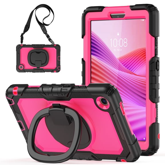 Allytechgroup Case for Lenovo Tab One/Tab K9 2025 (TB-305FU) 8.7 inch, Built-in Screen Protection & Kickstand Shoulder Strap Military Grade Drop Protection Case for Women Men, RoseBlack