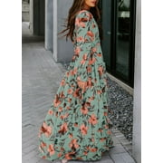 DOKOTOO Green Maxi Dresses for Women Casual Loose Bohemian Floral Dresses Lantern Long Sleeve Deep V Neckline Fall Dresses Party Dresses Beach Dresses Maternity Dresses, US 4-6(S)